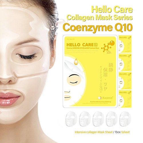 [HelloCare] 5pcs Intensive COENZYME Q10 COLLAGEN Treatment Facial Mask Sheets Pack x 5 sheets Daily Skincare Nutrition, Moisturizing, Vitalizing Face Masks Pack [S. Korea]
