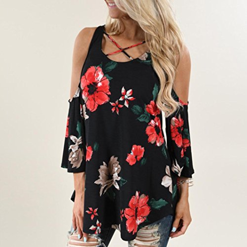 Damen Bluse Internet Blumen Druck T-Shirt Drei Viertel Hülse weg von Schulter Bluse (S) - 2