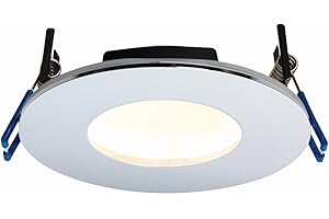NATIONAL LIGHTING Cannon Chrome Finish Die Cast Aluminium Fire Rated Warm White LED Anti Glare Low Profile Ceiling Downlight Spotlight IP65 Rated for Bathroom, Shower, Kitchen, Lounge etc.