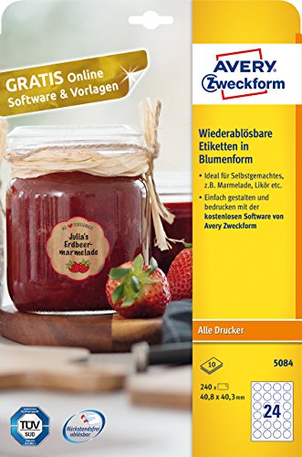 Etiquetas para mermelada Avery Zweckform 5084 A4 240 etiquetas forma de flor despegable 40 8 x 40 3 mm 10 hojas color blanco reviews Etiquetas para mermelada Avery Zweckform 5084 A4 240 etiquetas forma de flor despegable 40 8 x 40 3 mm 10 hojas color blanco