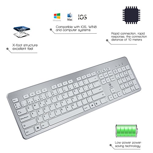 Aursen Teclado Inalambrico  2 4Ghz Teclado Espa  ol QWERTY Aluminio con Receptor USB para Mac La Computadora Ordenador para Windows 10 8 7 Vista XP Color Plata