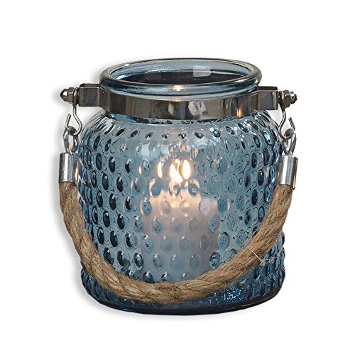 Preisvergleich Produktbild Windlicht VALO - blau - Glas - Ø 10 cm Dots - Waben mit Seil Sisal Unikat