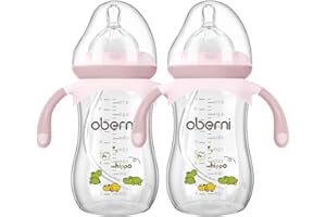 Oberni Anti-Colic Baby Bottle with Size 4 Breast-Like Teat, Non-Slip Handles, Weighted Straw for 12 Months Newborn Babies, 270ml/9oz/Pink/2Pack