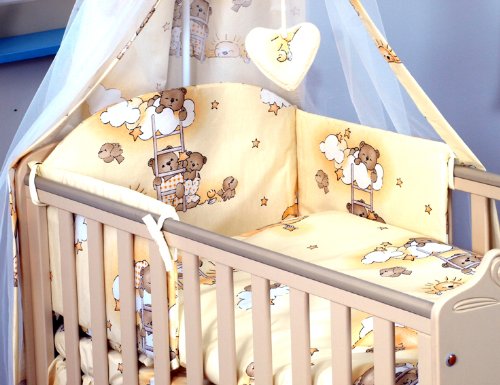 5 PCS BABY BEDDING SET TO FIT COT & COT BED PILLOW DUVET BUMPER (to fit cot bed size 140x70cm, Ladders- Cream/Yellow)