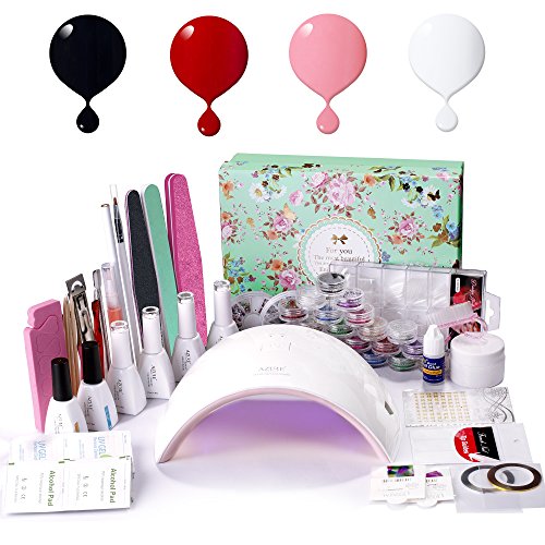 Azure Beauty Professional Gel Nail Polish LED Lamp Kit, Including 4 Pcs 12ml Colour Gel, Top & Base Coat 12ml, 24W Nail Lamp, 24 x Glitter Powder and Manicure Tools Set