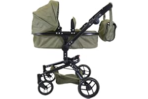 Bandits & Angels Puppenwagen Grün Modern Angel 2in1 Retro Grün ab 3 Jahren – Puppenbuggy – Für Mädchen – Verstellbarer Schieber 48-81 cm – Komplett zusammenklappbar – Mit Einkaufskorb