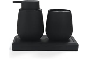 AJEUNGAIN Juego de Baño Accesorios Negro, 3 Piezas Set de Baño Moderno - Dispensador de Jabón, Soporte Cepillo de Dientes, Bandeja para Organizar (Negro)