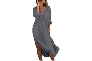 ZEIAYUAS Maxi Shirt Dresses for Women UK Cotton Linen Shift Dress Long Sleeve V Neck Dresses Button Neck Tunic Beach Dresses Loose Summer Long Dresses Lapel Ruffleh Office Casual Dresses