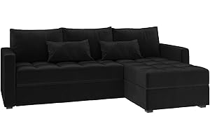 ‎BROMARKT BROMARKT Ecksofa mit Schlaffunktion 226x143x83 - Wohnlandschaft L-Form - Kollektion HOT L - Eckcouch mit Bettkasten - Samt Couch L Form - Sofa 3-Sitzer - Schwarz - Rechte Seite