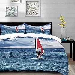 parure de lit adulte,housse de couette,Montez la vague, planche à voile dans la mer aventure exotique Happy Summer Beach Challenge ,1 Housse de couette 240 x 260cm + 2 Taies d'Oreillers 63 x 63 CM