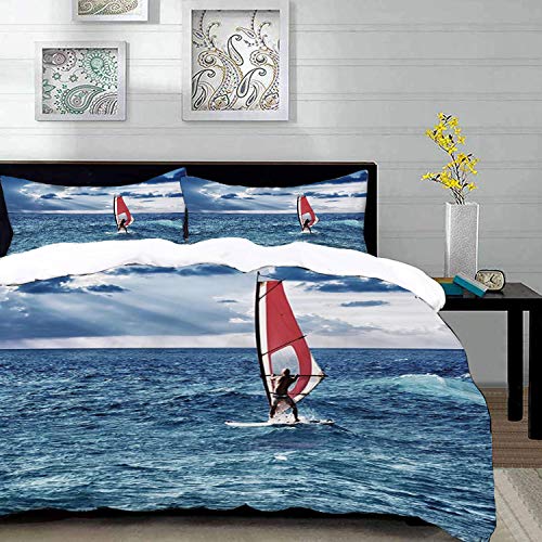 parure de lit adulte,housse de couette,Montez la vague, planche à voile dans la mer aventure exotique Happy Summer Beach Challenge ,1 Housse de couette 240 x 260cm + 2 Taies d'Oreillers 63 x 63 CM
