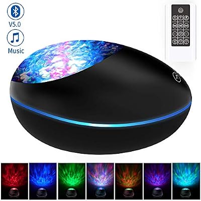 GRDE Lampe de Projection LED Lampes d'Ambiance Simulation des Vagues Océan, Veilleuse Enfant Musique Bluetooth 8 Modes Lumière Lampe de Chevet Luminosité Ajustable Minuterie Télécommande Noël Cadeau