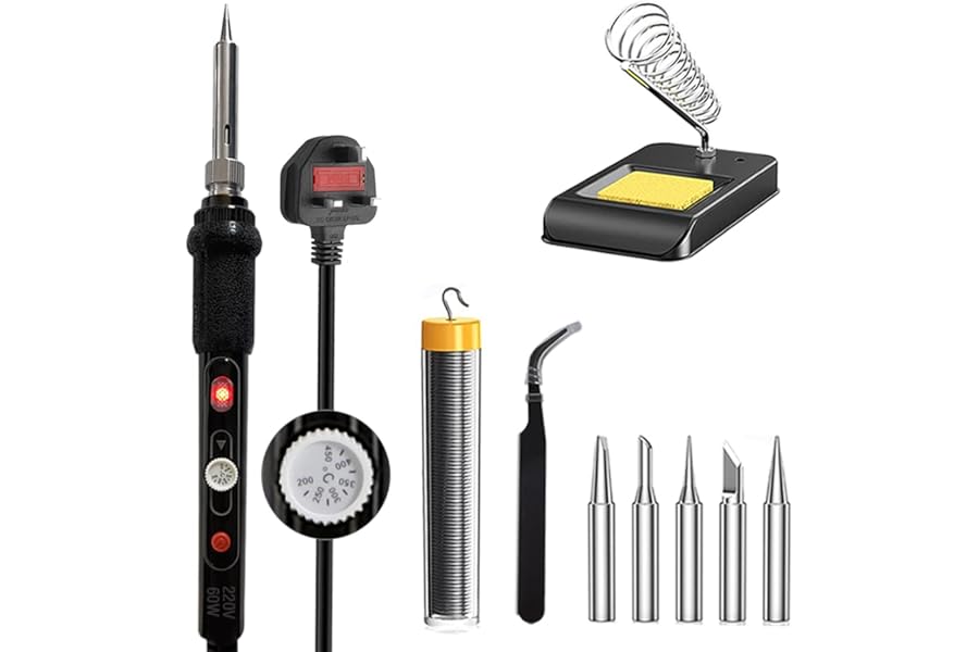 Soldering Iron Kit Electric with Switch 60W Adjustable Temperature200℃ - 450 ℃ Soldering Gun Welding Tools, Solder Wire Tube/Soldering Stand/5pcs Replacement Tips/Tweezers