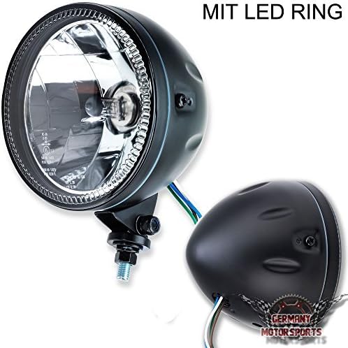 Bm H4 Clear Glass Skyline II 5 LED Motorcycle Headlights with 3/4 Inch Black Halogen BMW Honda Kawasaki Suzuki Yamaha