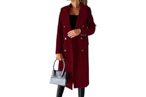 CARGIS Long-sleeved wool coat with double-breasted buttons,Women's Double Breasted Long Trench Coat Windproof Classic Lapel Slim Overcoat