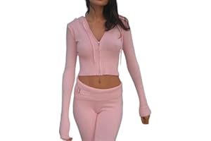 SMIMGO Conjunto de 2 piezas de verano para mujer, conjunto de dos piezas con cremallera Y2K y parte superior corta de punto, ropa de descanso, sudaderas con capucha y pantalones
