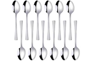 Acense Teaspoons Set of 12 Stainless Steel Table Teaspoon Tea Stirring Spoons Long Handle Silver Plain Pattern Spoons Ideal for Coffee Cafe Latte Espresso Hot Chocolate.