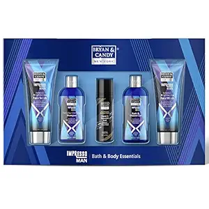 Bryan & Candy New York Impresso Man Intense Brightening Valentines Gift Set For Men, Face Scrub, Face Wash, Bath & Shower Gel, Shampoo, 5-in-1 Advance Repair Vitamin C Serum with Hyaluronic acid (Pack of 5)