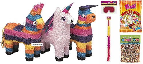 Pinata Komplett Spar Set – Fiesta Einhorn Stier oder Esel mit Zubehör Schläger, Maske + Süßigkeiten und Konfetti für Kindergeburtstage alles dabei - 2