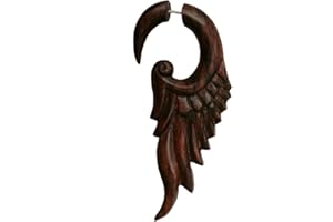 CHIC-NET Finto piercing in legno di sono, in acciaio inox, intagliato a mano, grande, marrone scuro, dilatatore a spirale, orecchini unisex