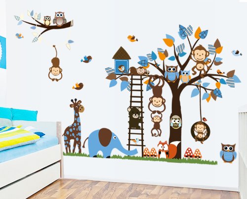 Rainbow Fox Dschungel-Zoo-Tier Giraffe, Elefant, L?we, Zebra und Affe, die Party auf Baum Affe Wandtattoo Owl Zoo Wandtattoo - 2