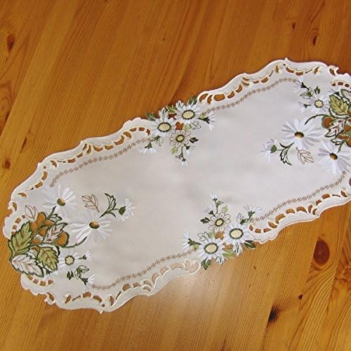 Table Runner-Embroidery, oval, ecru / Multi-Coloured Gerberas-White (30 x 70 CM)