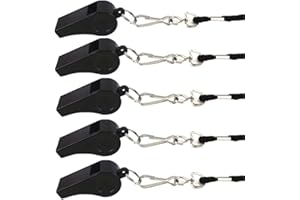 Febbya Lot de 5 sifflets en plastique pour arbitre - Pour enfants - Avec cordon noir - 45 cm - Pour les cours de sport, basket-ball, football, 4,7 x 2,2 - Noir