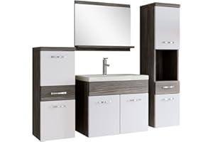 BADPLAATS B.V. Badezimmer Badmöbel Set Alba 60cm Waschbecken Grau Eiche mit Weiß - Unterschrank Hochschrank Waschtisch Möbel
