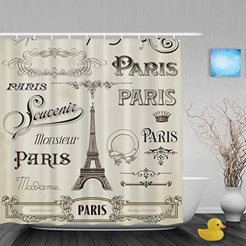 Paris Art Calligraphy Eiffel Tower Bathroom Shower Curtains Vintage Home Decor Shower Curtain Waterproof Mildew Not Fade Polyester Fabric 72"X72"Inch
