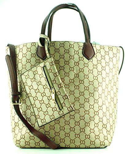 Check Shopper Style Handbag with Attached matching wallet (Beige)