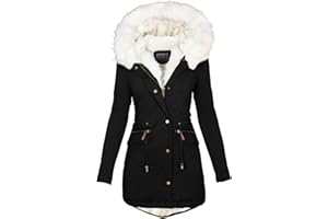 JOYISURE Winterjacke Damen Schwarz Mit Fell | Weiß Teddyfell Gefütterte Winterparka Tunika Fleecejacke Elegant Schmale Outdoor-Plüschjacke Lässig Dicker Steppmantel mit Pelzkragen