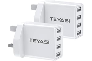 TEYASI 2 Pack USB Plug Adaptor UK,Multi USB Charger Plug UK 4 Port 3 Pin USB Wall Charger 25W/5V/2.4A Multiple Mains Charger Power Adapter Fast Charging for iPhone 13 12 11 10 XS Max XR X 8 7 6 Samsung