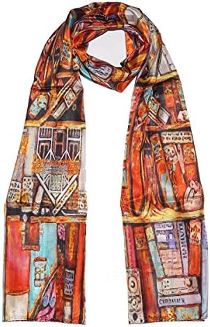 Luxury 100% Italian Silk Scarf - Colourful Bookshelf in a Gift Box (Red)