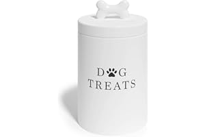 Barnyard Designs Dog Treat Jar, Large Ceramic Airtight Canister with Lid, Rustic Farmhouse Pet Food Storage Container Holder for Cookies, Biscuits, and Snacks, White, 13.5 x 23cm