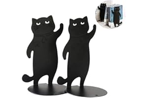 FANGSUES Cat Metal Bookend, One Pairs Cute Cat Fashion Style Bookend Non-Slip Durable Sturdy Books Organizer for Home Bedroom Library Office School Supplies Stationery (Black)