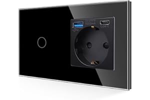 JIMEIDA Gniazdko USB 20 W, szybkie ładowanie z włącznikiem światła w kolorze czarnym, szklane gniazdko 16 A, podtynkowe z 1 ładowarką USB i 1 portem typu C, 1-krotny, 1-biegunowy dotykowy przełącznik