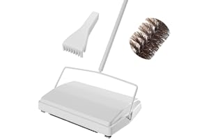 JEHONN Carpet Floor Sweeper Manual with Horsehair, Non Electric Quite Rug Roller Brush Push for Cleaning Pet Hair, Loose Debris, Lint (White)