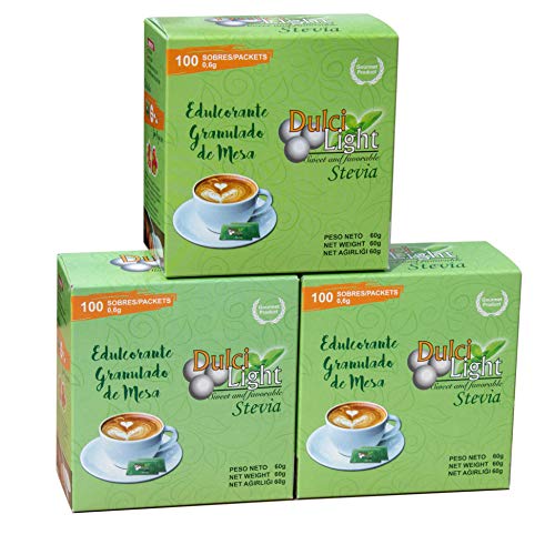 DULCILIGHT STEVIA 300 Sobres, EDULCORANTE GRANULADO EL MEJOR SABOR DEL STEVIA, producto categoría Gourmet, Pack de 3 Estuches x 100 C/U.