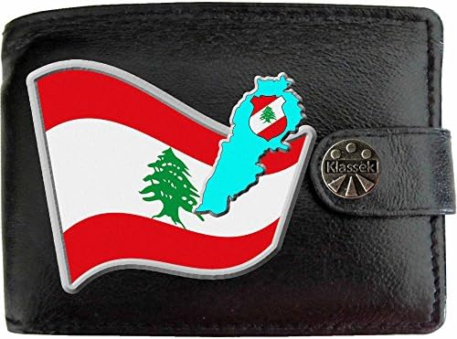 Lebanon Flag Lebanese Map and Coat of Arms COA KLASSEK Mens Wallet Real Black Leather RFID Blocking with Coin Pocket and Metal Gift Box