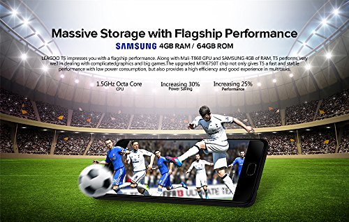 LEAGOO T5 - 4G LTE Smartphone Android 7.0 5.5 Pollici Octa Core 1.5Ghz 4GB RAM 64GB ROM,MTK6750T FHD IPS 1920*1080 Pixel,Corpo in metallo ultrasottile da 7,9 mm Dual SIM,lettore di impronte digitali fotocamere triple ultra (13MP + 5MP + 13MP)(nero)
