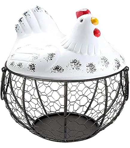 Portauova Shabby Chic Con Gallina In Metallo E Legno, Capienza 4 Uova, Misura 26.5x21x14 Cm