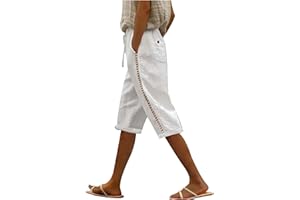 Keepink Women's Cotton Linen Shorts Elastic Waist Knee Length Summer Shorts Plus Size Casual Long Shorts Ladies Bermuda Shorts Solid Wide Leg Beach Vacation Shorts Trendy 2024