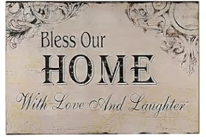 Dekorativ trävägg hängande skylt plakett 'Bless Our Home with Love and Laughter Off White Black Home Decor