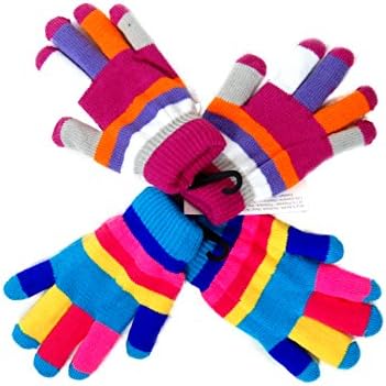 MAGICKids Winter Magic Gloves - 2 Pairs Stretch Lined Multi Coloured Striped Gloves For Outdoor Winter Warm Fun (Ages 5-9)