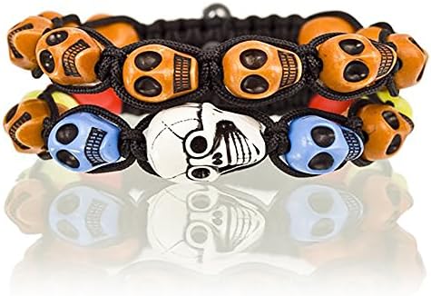 Shamballa Jewellery Cord Bangle Bracelets Pair with Multi Colour Skulls, Unisex & Casual Style. Unique & Modern Statement Accessory with Adjustable Cuff Size. (Orange)