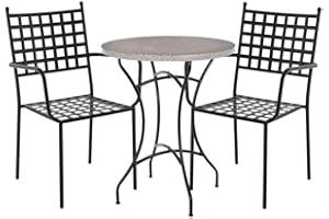 LOLAhome Mesa mármol y 2 sillas de jardín Cartago Negro | Estilo Hierro Forjado | Mesa Ø60x72 cm | Sillas 56x61x90 cm Contract, Resistentes, Apilable y con Brazos | para Exterior | Cartago