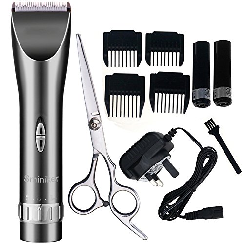 Sminiker Quiet Hair Clippers Cordless Rechargeable Hair clippers for Adults and Babies Professional Barber Clippers Set with 2 Rechargeable Batteries 4 Comb Guides and Scissors(Grey)