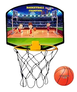 Salonya Toys Basket Ball Kit for Kids Playing Indoor Outdoor Basket Ball Hanging Wood Board with Ball Sports- Multi Color (Pack of 1 Set)