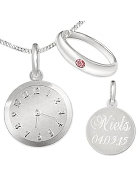 CLEVER SCHMUCK-GRAVUR-SET Silberner Taufring schlicht mit Rubin und Anhänger-Uhr sowie Kette, beides STERLING...