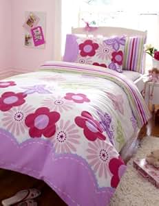 PINK & LILAC GIRLS DOUBLE DUVET SET WITH FLOWERS ...